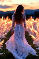 Young woman in lace wedding dress with open back stands among glowing wheat field at sunset, silhouetted against mountain backdrop, long dark hair flowing.