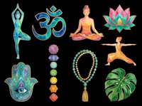Yoga and meditation symbols collection with woman in lotus pose, om sign, hamsa hand, chakra beads, prayer beads, lotus flower, warrior pose figure, chakra stones, and monstera leaf isolated on transparent background. Ready for t-shirt design, stickers, clipart, sublimation, and print-on-demand products.