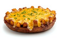 Baked potato loaded with melted cheddar cheese, topped with crispy bacon bits and fresh chopped parsley on white background, appetizing comfort food.