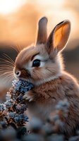 Adorable rabbit with soft fur and bright blue eyes eating frost-covered plants during golden hour, perfect for wildlife and nature projects.