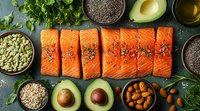 Raw salmon fillet with chia seeds, avocado, pumpkin seeds, almonds and fresh herbs on dark green background. Healthy omega-3 rich ingredients.