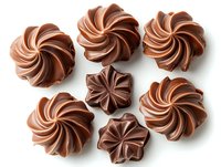 Swirled chocolate buttercream frosting rosettes and stars on white background, fresh homemade confectionery decorations for cakes and cupcakes.