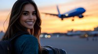 Young Hispanic woman smiling at airport during sunset with airplane in background. Travel, vacation, and aviation concept for lifestyle content.