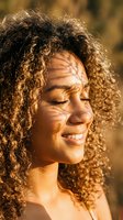 Young mixed-race woman with curly hair smiling peacefully in warm golden sunlight. Natural beauty portrait with soft shadows and glowing skin tone.