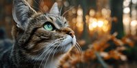 Tabby cat with striking green eyes gazing upward in autumn forest at sunset, warm golden light filtering through trees in background.