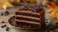Rich chocolate layer cake slice with dark cocoa frosting and chocolate shavings on elegant plate, autumn leaves background for bakery menu dessert.