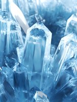 Clear blue crystal formations with prismatic structures and translucent surfaces creating mystical mineral cluster for spiritual and healing concepts.