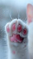 Close-up of cat paw with pink pads pressed against glass window with water droplets, creating tender and playful mood.