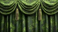 Luxurious emerald green curtains with ornate floral damask pattern and decorative gold tassels create elegant window treatment for classic interior design.