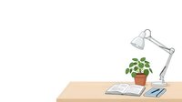 Workspace setup with wooden desk, adjustable desk lamp, potted plant, notebook and pen on white background, isolated for design use.
