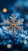 Macro photograph of natural ice crystal snowflake with intricate geometric patterns against dark blue background with golden bokeh lights creating magical winter mood.