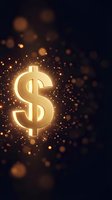 Golden dollar sign glowing with sparkling particles and bokeh lights on dark background for finance and investment concepts.