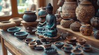 Turquoise Buddha statue surrounded by traditional clay pottery and ceramic bowls on wooden shelf, creating zen atmosphere for meditation and spiritual decor.