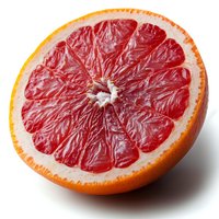 Fresh juicy pink grapefruit half showing vibrant red flesh segments and orange peel on white background, macro close up view for food and healthy eating concept.