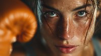Determined female boxer with intense gaze wearing orange boxing gloves, sweat droplets on face showing strength and athletic dedication in sports training.