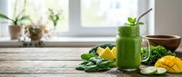 Fresh green smoothie in mason jar with spinach leaves and mango pieces on rustic wooden table near bright window for healthy breakfast and detox lifestyle.