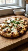 Freshly baked pizza with melted cheese, roasted garlic cloves, and fresh basil on wooden board by window. Suitable for food blogs, restaurant menus, and culinary content.