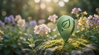 Green eco-friendly location pin with leaf symbol on moss-covered rock among blooming flowers, representing sustainable travel and environmental awareness.