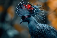 Exotic crowned crane with distinctive blue-gray feathers and striking red crest displays majestic plumage against blurred orange background, showcasing natural avian beauty.