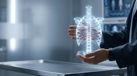 Doctor holding glowing holographic human ribcage and spine anatomy model in modern medical office for healthcare technology and diagnostic education.