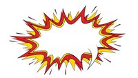 Comic book explosion burst with red and yellow flames on white background isolated for graphic design and promotional materials.