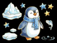 Cute penguin clipart set with iceberg, stars, and fish, isolated on transparent background. Watercolor style, ready for stickers, t-shirt design, and print on demand.