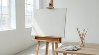 Artist wooden easel with blank white canvas in bright studio interior with natural light from windows and painting supplies on table.