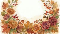 Watercolor autumn floral wreath frame with roses, chrysanthemums, oak leaves, acorns, and berries on white background for seasonal design.