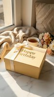 Yellow Happy Birthday gift box with ribbon bow on marble surface, cozy window setting with tea, flowers, and knit blanket in warm sunlight.