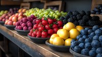 Fresh colorful fruits arranged on wooden shelf including strawberries, lemons, blackberries, blueberries and plums, displayed at farmers market or grocery store.