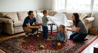 Family building blanket fort together in bright living room with parents and children playing on colorful rug creating cozy indoor hideout at home.