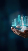 Hand holding glowing holographic cityscape with digital skyscrapers and network connections on dark blue background for technology and urban development concepts.