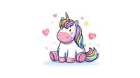 Cute baby unicorn with rainbow mane and tail sitting surrounded by pink hearts and stars on white background, cartoon style illustration for nursery art and children designs.