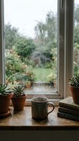 Cozy rainy day scene with coffee mug, succulent plants and books on wooden windowsill overlooking garden view for relaxation and mindfulness concepts.
