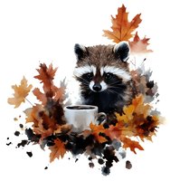 Watercolor raccoon holding coffee cup surrounded by autumn maple leaves and ink splashes on white background, artistic fall season wildlife illustration.