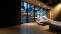 Hands holding glowing digital plant hologram in modern office space with city view at night representing growth, innovation and sustainable business technology.