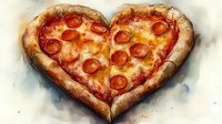 Heart shaped pepperoni pizza with melted mozzarella cheese and tomato sauce on rustic handmade crust, watercolor style illustration for Valentine's day menu design.