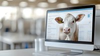 Young white calf face on computer screen displaying veterinary or farm management software interface in modern office setting with blurred background.