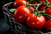 Fresh ripe red tomatoes with water droplets in wicker basket. Organic vegetables harvest concept for healthy cooking and farm-to-table cuisine preparation.
