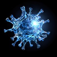 Glowing blue virus cell structure with spiky surface on dark background, detailed molecular visualization for medical and scientific illustration purposes.