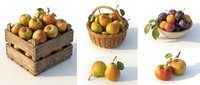 Fresh organic apples in wooden crate and wicker basket collection isolated on white background for healthy food design and grocery marketing materials.