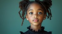 Young African American girl with natural hair styled in buns, wearing black ruffled collar dress against teal background, looking directly at camera with confident expression.