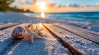 Seashell and starfish on wooden beach deck at sunset with ocean waves and golden sunlight reflecting on tropical shore. Perfect for travel themes.