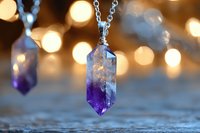 Purple amethyst crystal pendant necklace with warm bokeh lights background for jewelry design and spiritual wellness concepts.