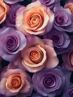Overhead view of blooming roses in soft peach and purple tones, showcasing delicate petals and spiral centers. Suitable for floral backgrounds, wedding designs, and botanical artwork.