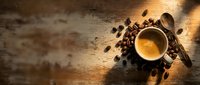 Aromatic espresso cup with scattered coffee beans on rustic wooden table background with warm lighting for cafe menu design and beverage advertising.