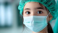 Young Asian female healthcare worker wearing protective surgical face mask and cap in hospital setting, close-up portrait with focus on expressive eyes.