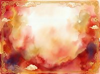 Watercolor clouds in warm red and gold tones with ornamental Asian border frame, suitable for backgrounds, invitations, and cultural design projects.