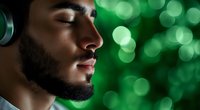 Side profile of young Middle Eastern man with beard and headphones enjoying music against green bokeh background, eyes closed in peaceful expression.