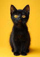 Black kitten with bright yellow eyes sitting against vibrant yellow background, looking directly at camera. Studio portrait showcasing contrast and feline curiosity.